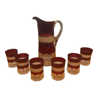 Vintage Ruby Red Glass Pitcher & 6 Tumblers Set - White and Gold Banded Barware For Sale