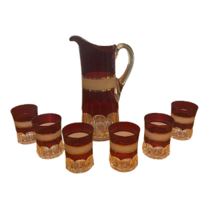 Vintage Ruby Red Glass Pitcher & 6 Tumblers Set - White and Gold Banded Barware