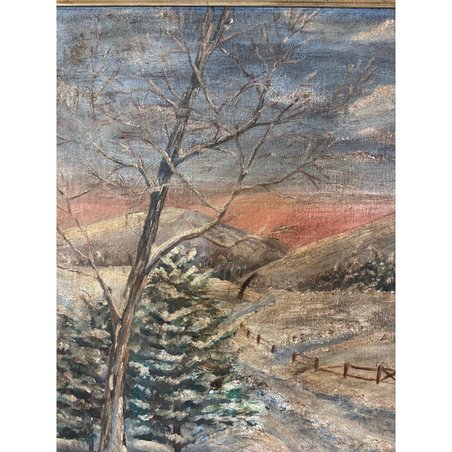 Wood Original Winter Farm Landscape Oil Painting in Carved Wood Frame | Snow Covered Country Scene For Sale - Image 7 of 9