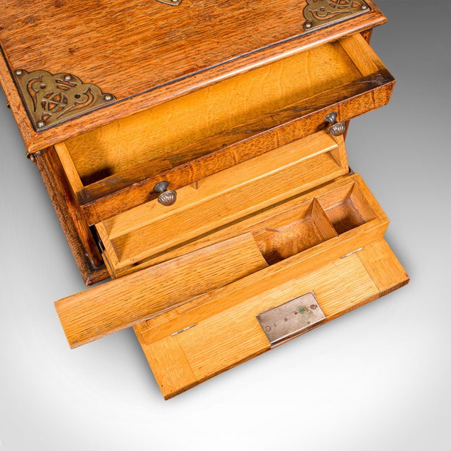 Antique Stationery Box, English, Golden Oak, Fall Front Desk Tidy, Edwardian For Sale - Image 11 of 12