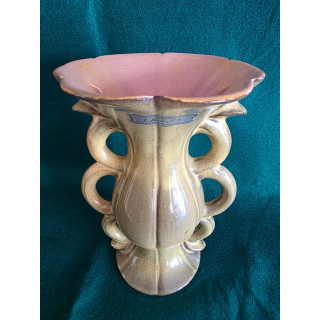 Earth tone green ceramic vase with pink tone inside made by Gonder pottery of Ohio, still has original maker's label....