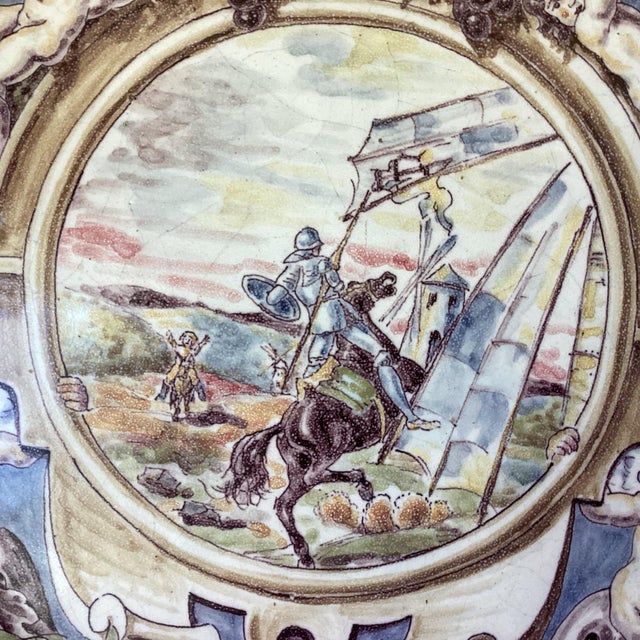 Antique Aguado Toledo Spanish Hand-Painted Don Quixote Plate – Signed, 12 1/2” Diameter For Sale - Image 4 of 11