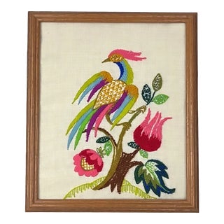 Vintage Handmade Embroidered Tropical Bird & Flowers Textile Art in Crewel For Sale