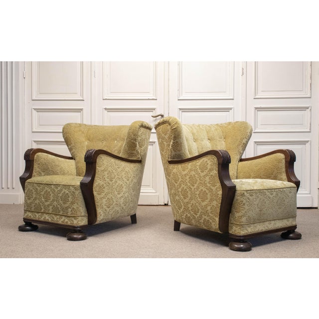 Brown Vintage Swedish Wingback Chairs with Golden Velvet and Carved Oak Armrests, 1920s, Set of 2 For Sale - Image 8 of 11