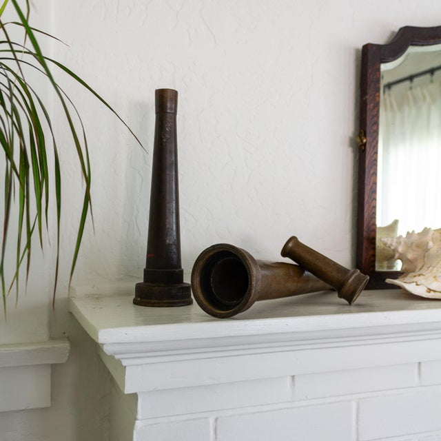 Set of Large Antique Brass Fireman Fire Hose Nozzle Candle Holders For Sale - Image 11 of 16