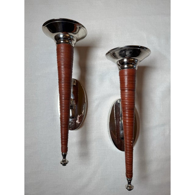 Rustic Vintage Rustic Southwestern Polished Chrome and Leather Wrapped Wall Candle Sconces- Set of 2 For Sale - Image 3 of 11