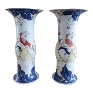 Pair of Antique Chinese Qianlong Period Tobacco Leaf Gu-Form Vases