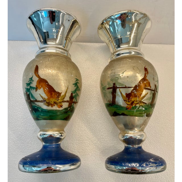 Pair of Mid 19th Century Antique Hunting Theme Mercury Glass Vases For Sale - Image 4 of 12