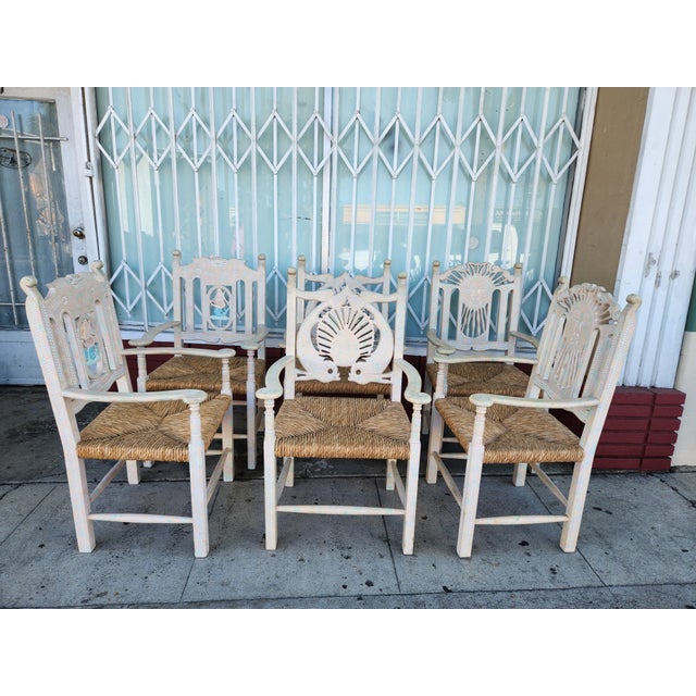 Nautical Set of 6 Vintage Carved Nautical and Celestial Armchairs With Rush Seats For Sale - Image 3 of 10