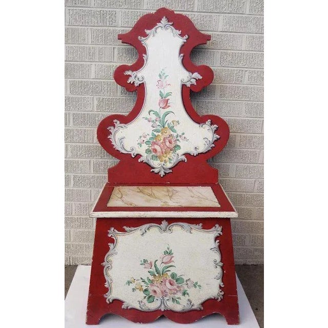 Charming vintage painted hall seat. Hinged lift seat with storage. Seat is made in two parts. Two wood pieces fit into...