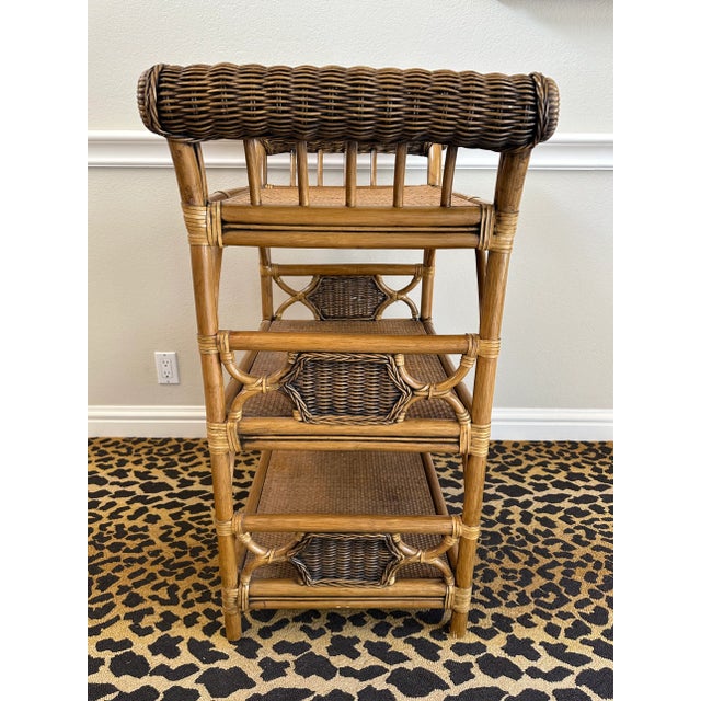 1970s Vintage Rattan, Wicker & Cane Etagere Shelf With Leather Bindings For Sale - Image 5 of 17