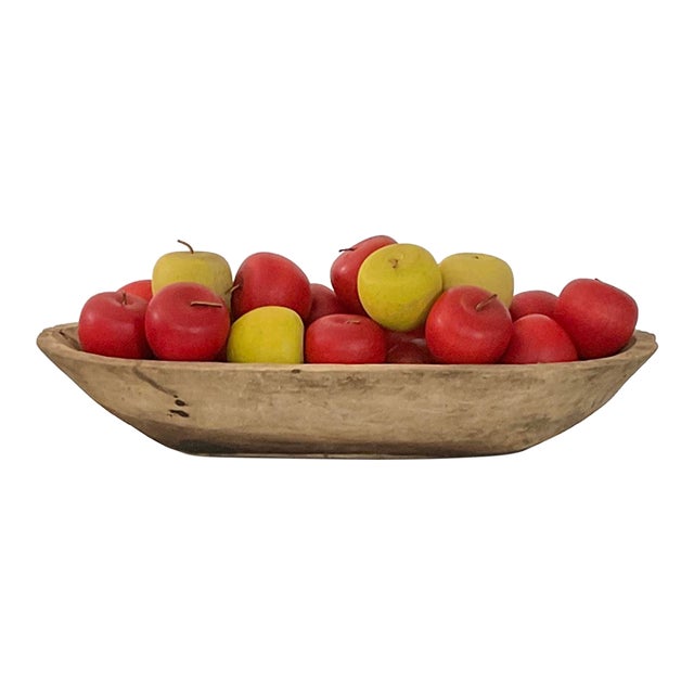 1950s Primitive Wood Carved Bowl and Hand Turned Solid Wood Apples With Leather Stems For Sale