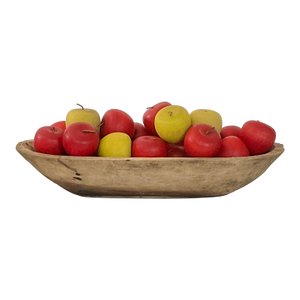 1950s Primitive Wood Carved Bowl and Hand Turned Solid Wood Apples With Leather Stems