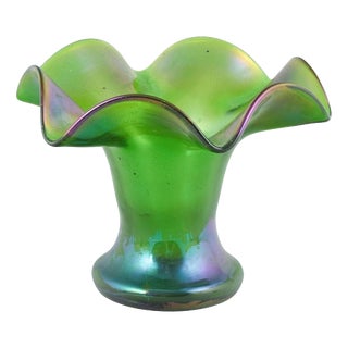 Bohemia Green Glass Vase with Iridescent Surface attributed to Loetz, 1900s For Sale