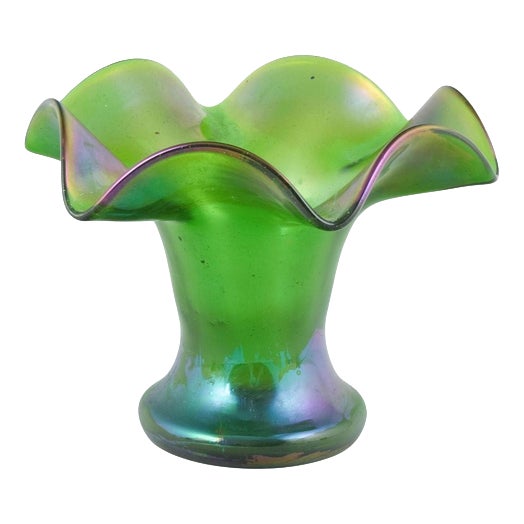 Bohemia Green Glass Vase with Iridescent Surface attributed to Loetz, 1900s For Sale