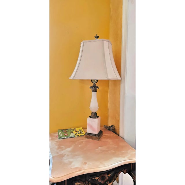 Mid-Century Art Deco Pink Alabaster, Marble and Brass Table Lamp With Shade For Sale - Image 11 of 12