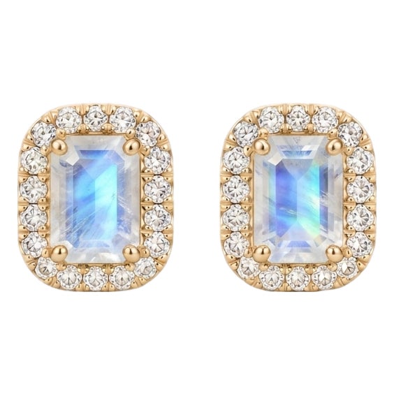 Rainbow Moonstone Studs | Dainty Gemstone Statement Halo Cluster Studs | June Birthstone Studs - A Pair For Sale