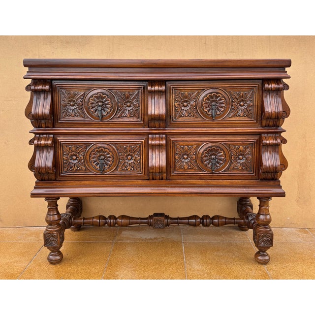 Brown Spanish Baroque Style Carved Walnut Chest of Drawers, 1940s For Sale - Image 8 of 12