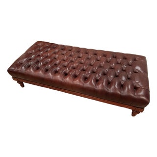 Oversized English Tufted Leather Ottoman on Turned Feet For Sale