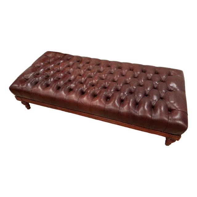 Oversized English Tufted Leather Ottoman on Turned Feet For Sale