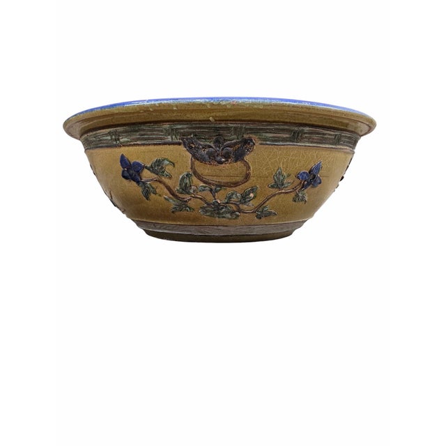 Modern Antique Yellow and Blue-Glazed Planter Pot From Guangdong Province With Stand For Sale - Image 3 of 10