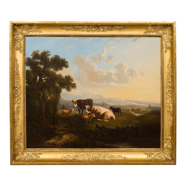 Italian 19th Century Framed Oil on Canvas Painting Depicting Cows in Pastures For Sale