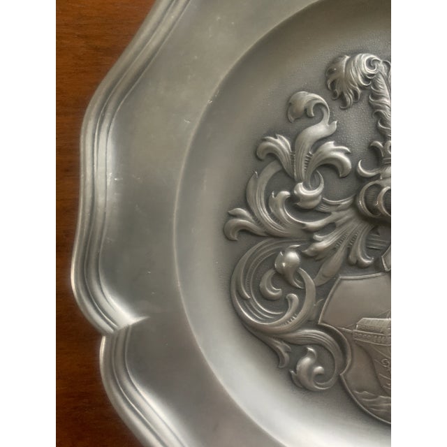 French Country Mid-Century European Pewter Heraldic Wall Plate With Ship Crest For Sale - Image 3 of 12