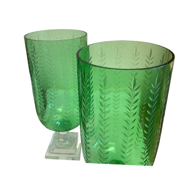 Pair of Hand Blown Green Glass Hurricanes with Square Clear Glass Base by A Sonoma. Hurricanes Have Etched Leaf Design....