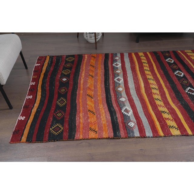 1960 Vintage Anatolian Flatweave Kilim Runner - Handwoven Striped Rug With Geometric Tribal Motifs - Red Yellow Black Accent Rug For Sale In San Francisco - Image 6 of 9