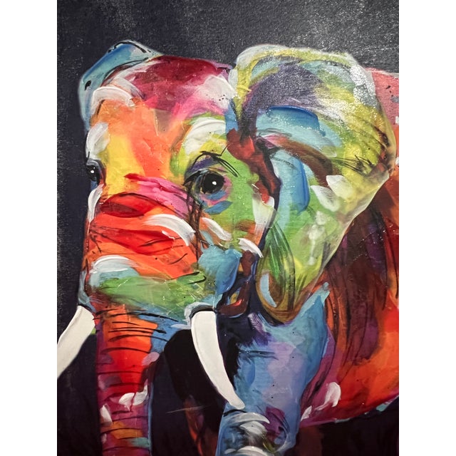 2000 - 2009 Vintage Vibrant Safari Elephant and Giraffe on Glossy Canvas Set by Sought After Tracy Miller - Set of 2 For Sale - Image 5 of 13