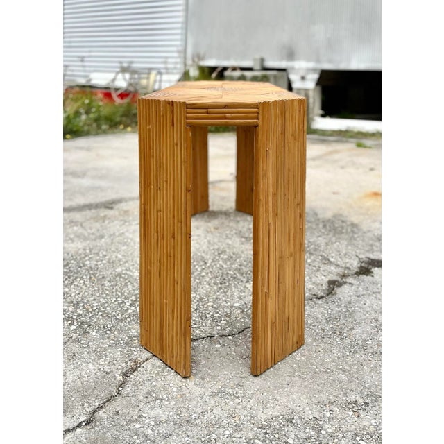 Boho Chic Modern Spilt Reed Console Table. We love the top of this table! The diagonal lines are awesome with the angled...