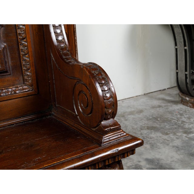 Wood Italian 19th Century Walnut Hall Bench with Carved Back and Large Volutes For Sale - Image 7 of 12