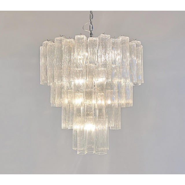 Murano Italian Murano Glass Chandelier | 4 Tier Clear Square Prism Tubes, Polished Nickel, 1980 (Style) Modern Luxury Lighting For Sale - Image 4 of 6