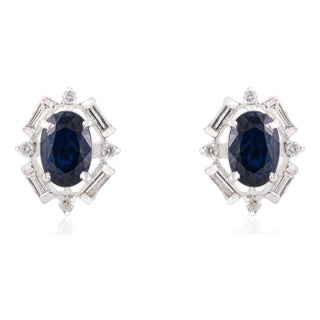 Art Deco Inspired Blue Sapphire & Diamond Halo Stud Earrings in 14k Gold- A Pair For Sale