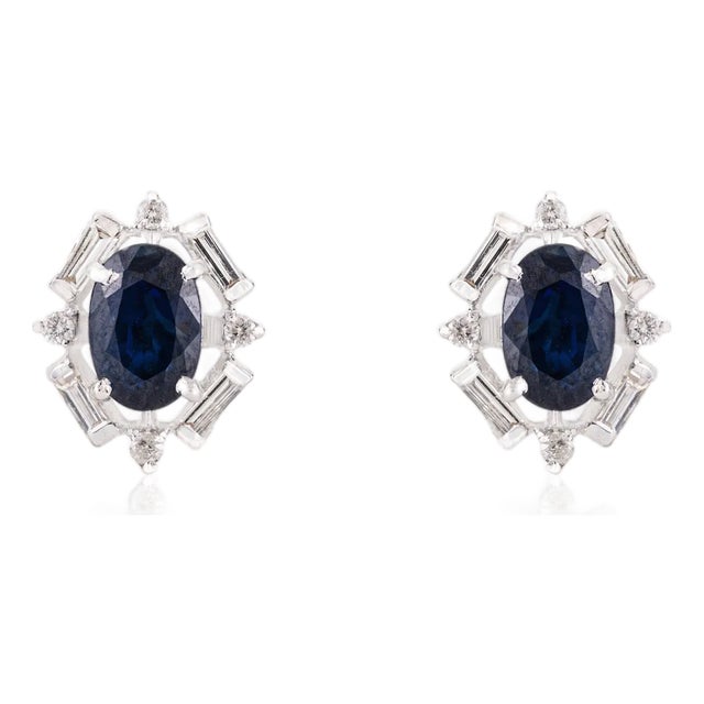 Art Deco Inspired Blue Sapphire & Diamond Halo Stud Earrings in 14k Gold- A Pair For Sale