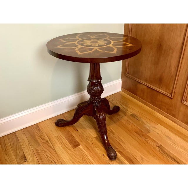 Wood Vintage Round Mahogany Pedestal Inlaid Maitland Smith Side Table For Sale - Image 7 of 10