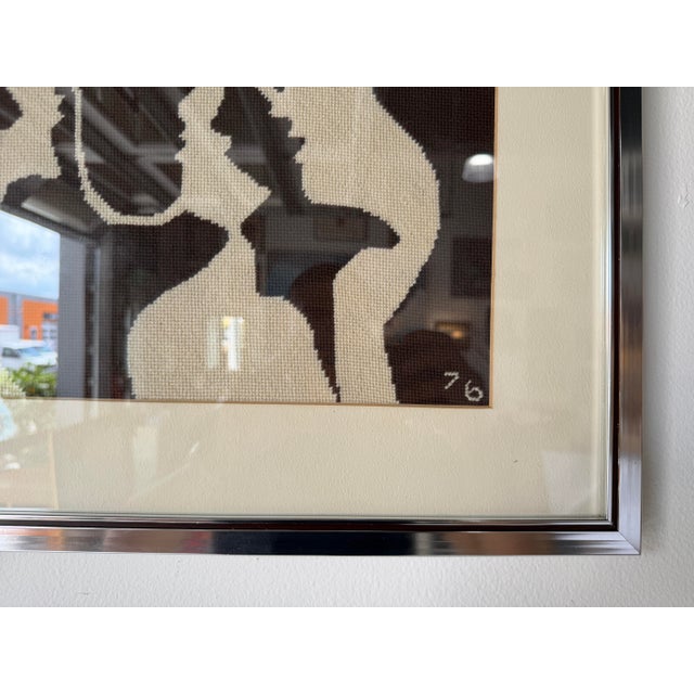 1976 Mid-Century Modern Abstract Figural Needlepoint Textile Wall Art – Framed For Sale - Image 9 of 12