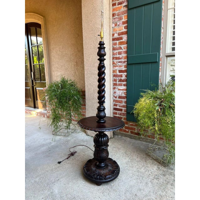 Antique English Carved Oak Floor Lamp Open Barley Twist W Round End Table C1920 For Sale - Image 13 of 18
