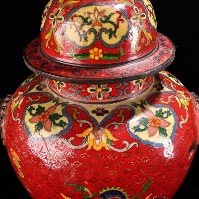 Red Pair of Gilt Bronze Cloisonné Enamel Dragon Motif Temple Jars For Sale - Image 8 of 9