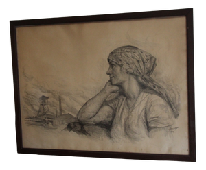 Lucien Jonas, Coal Miner's Wife, Charcoal Drawing, 1934, Framed