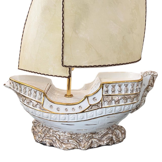 Postmodern Large Italian Galleon Table Lamp with Parchment Sail Shades, 1970s For Sale - Image 3 of 6