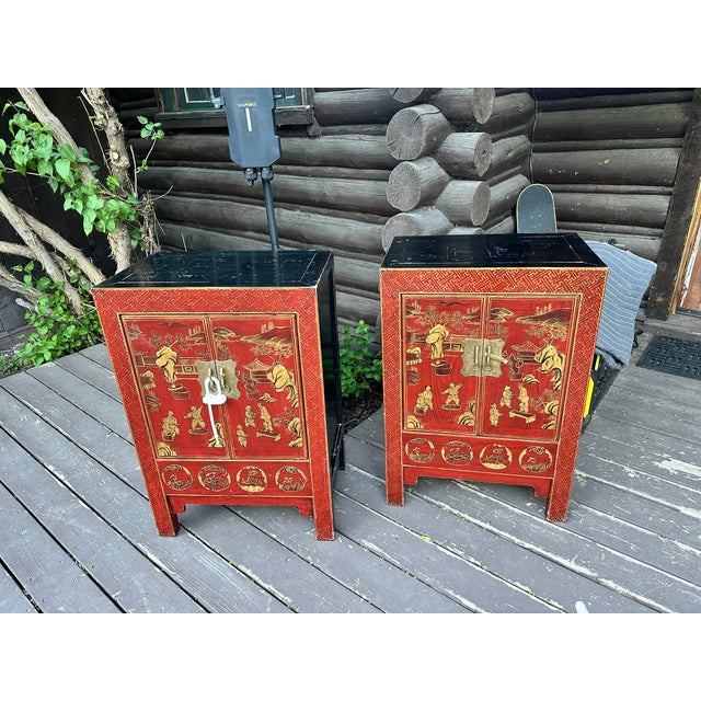 Rare Pair of 19th Century Chinese Red Lacquer Chinoiserie Cabinets For Sale - Image 11 of 16