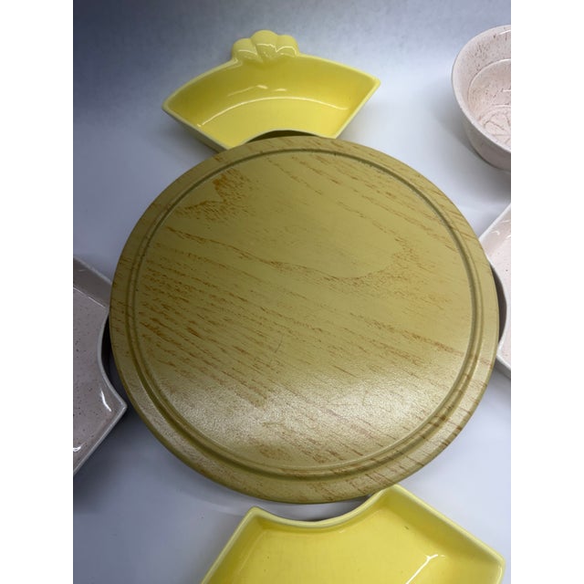 Vintage Mid-Century Modern Yellow & Speckled Ceramic Lazy Susan Hostess Snack Set With Wooden Base - 6 pcs For Sale - Image 6 of 10