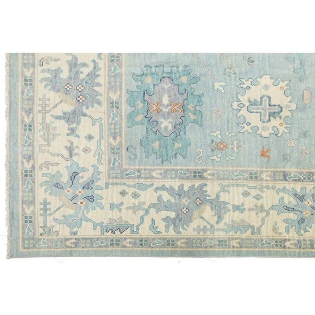 Sky Blue Hand-Knotted Modern Oushak Wool Rug in Soft Sky Blue, Cream & Muted Teal For Sale - Image 8 of 12