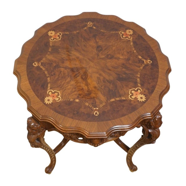 Wood Vintage Antique Mahogany & Walnut Louis XV French Provincial 29" Accent Table W. Cherubs and Acanthus Leaf Carvings For Sale - Image 7 of 7