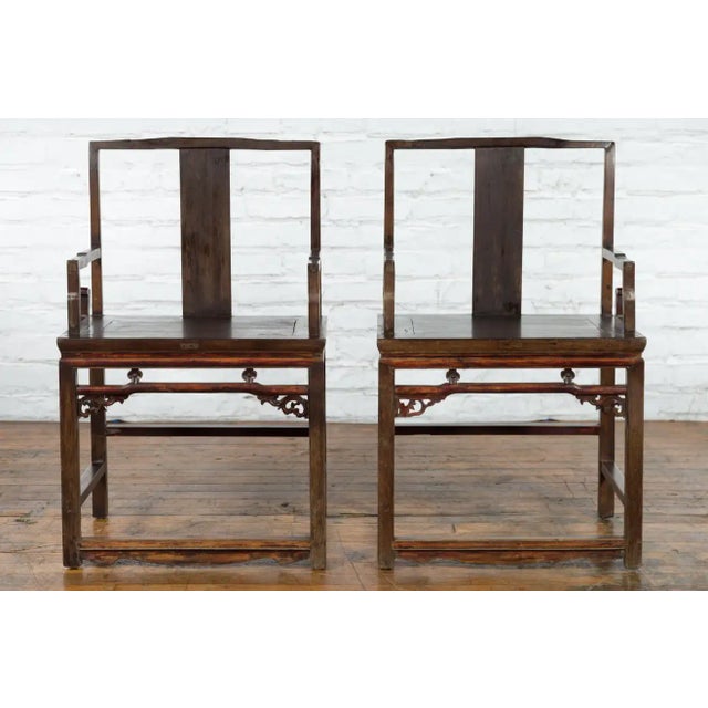 Chinese Qing Dynasty 19th Century Armchairs with Floral Carved Apron - A Pair For Sale In New York - Image 6 of 13