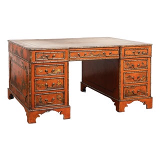19th Century Victorian Red Chinoiserie Faux Bamboo English Partners Desk For Sale