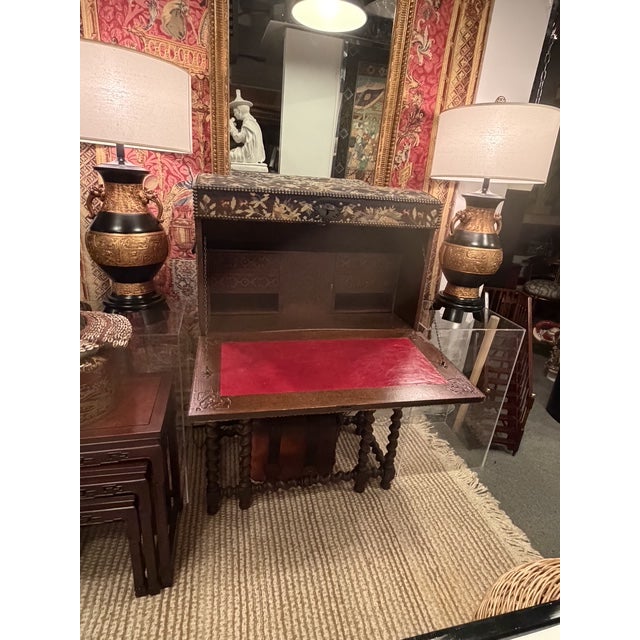 Jacobean Style Tapestry Covered Desk on Barley Twist Base For Sale - Image 17 of 17