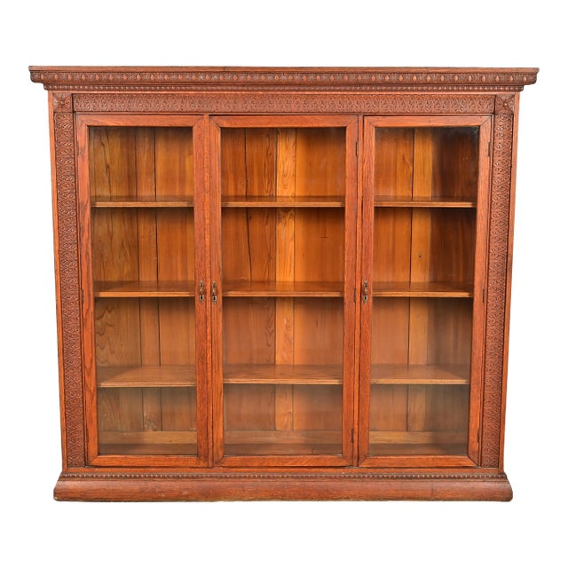 R. J. Horner Style Antique Victorian Carved Oak Triple Bookcase Cabinet, Circa 1880s For Sale