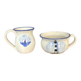 Late 20th Century Cagle Road Nautical Coastal Pitcher and Mug Set With Lighthouse and Sailboat- Set of 2 For Sale